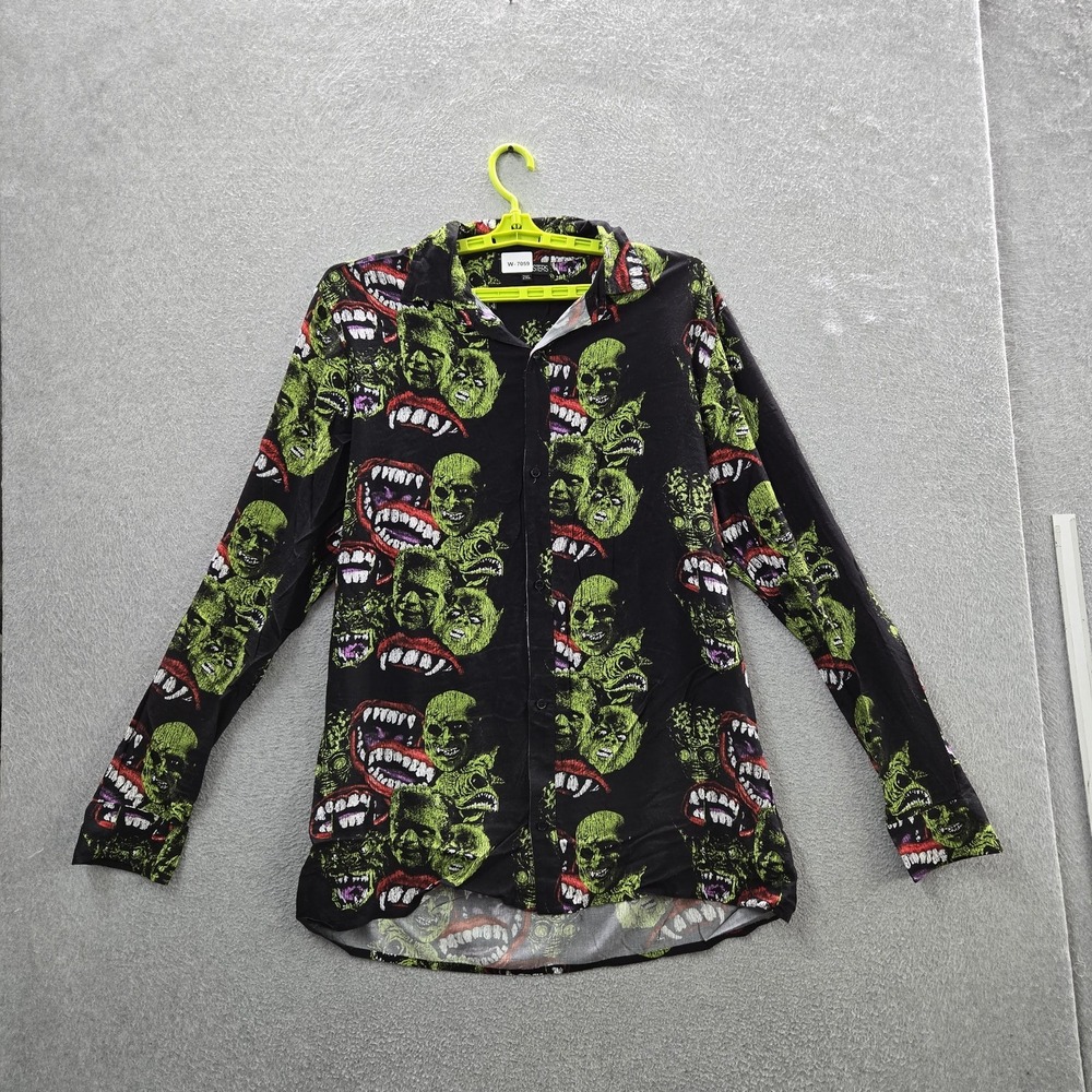 FUTURE MONSTERS Men Button Up Shirt 1XL Black Graphic Zombie Heads Halloween